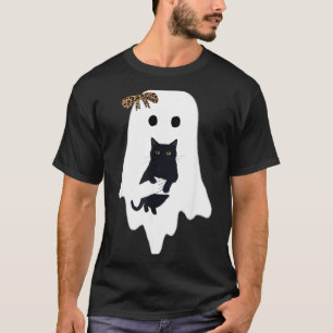 Cute Ghost Black Cat Leopard Bow Funny Spooky T-Shirt