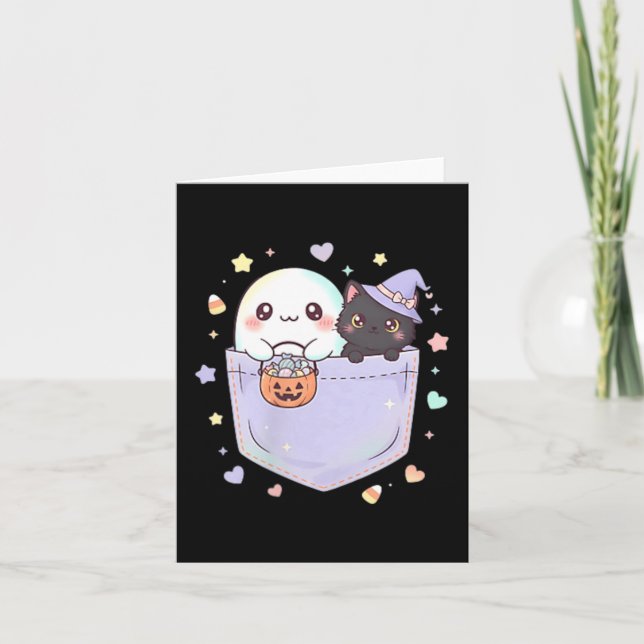 Cute Ghost Black Cat Pocket Halloween Fun Card (Front)