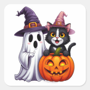 Cute Ghost Black Cat Pumpkin Halloween Tee 🎃 Square Sticker