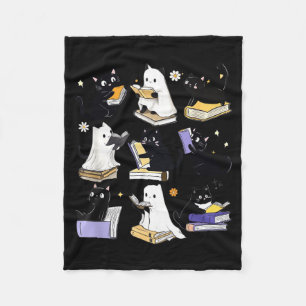 Cute Ghost Black Cat Reading Books Spooky Fleece Blanket