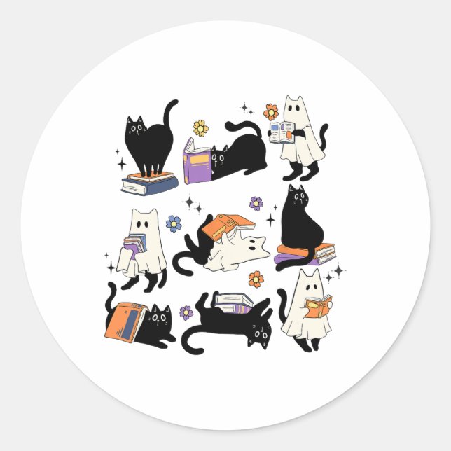 Cute Ghost Black Cat Reading Books Spooky Hallowee Classic Round Sticker (Front)