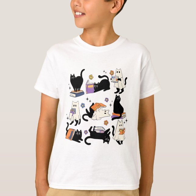 Cute Ghost Black Cat Reading Books Spooky Hallowee T-Shirt (Front)