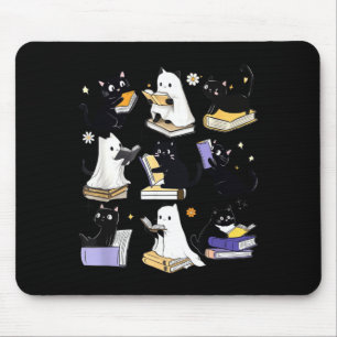 Cute Ghost Black Cat Reading Books Spooky Mouse Pad