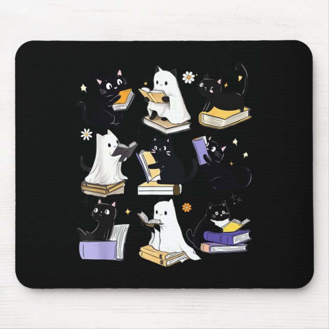 Cute Ghost Black Cat Reading Books Spooky Mouse Pad (Front)
