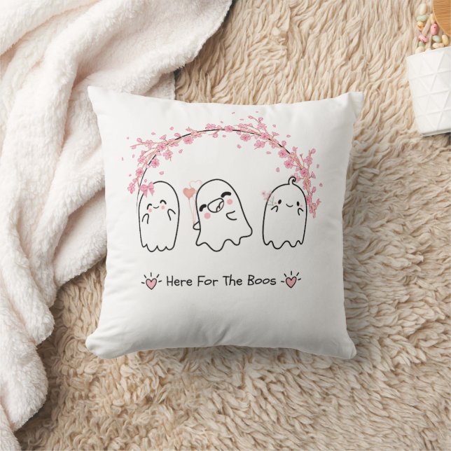 Cute Ghost Blossom Pink Halloween Throw Pillow (Blanket)
