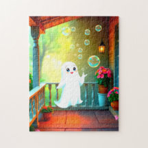 Cute ghost blowing bubbles on a porch