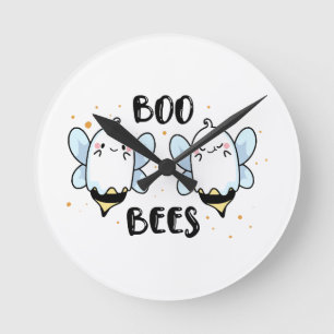 Cute Ghost Boo Bees - Funny Halloween on white Round Clock