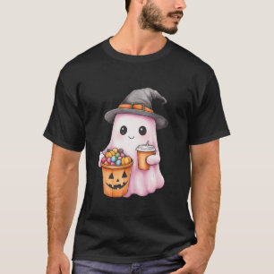 Cute Ghost Boo Coffee Pumpkin Hat Colourful candie T-Shirt