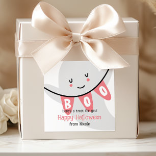 CUTE GHOST BOO HALLOWEEN KIDS TREAT SQUARE STICKER