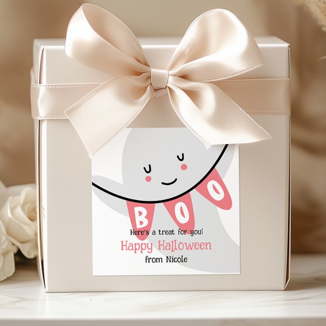 CUTE GHOST BOO HALLOWEEN KIDS TREAT SQUARE STICKER (Creator Uploaded)