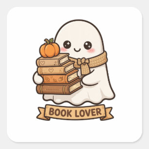 Cute Ghost Book Lover Pumpkin Cartoon Square Sticker