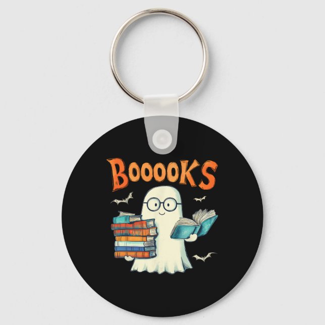 Cute Ghost Book Reading Booooks Halloween Teacher  Key Ring (Front)