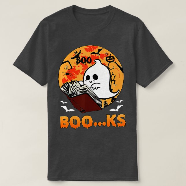 Cute Ghost Book Reading Halloween Teacher Top  (Design Front)