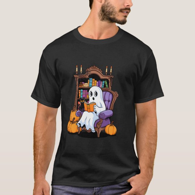 Cute ghost books book reading cat funny book readi T-Shirt (Front)
