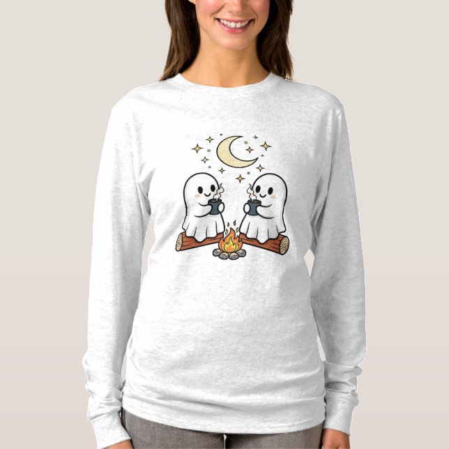 Cute Ghost Campfire Cosy Halloween Long Sleeve Tee (Front)