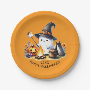 Cute Ghost Camping Happy Halloween Orange Paper Plate