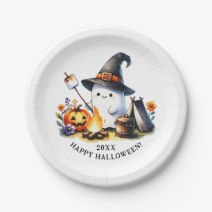 Cute Ghost Camping Happy Halloween Paper Plate
