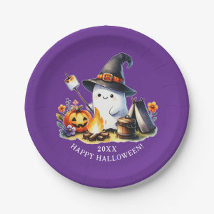 Cute Ghost Camping Happy Halloween Purple Paper Plate