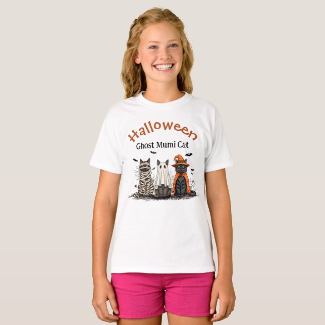 Cute Ghost Cat Halloween Custom Text T-Shirt (Front Full)