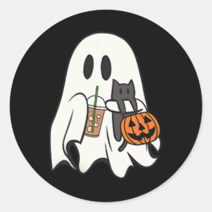 Cute Ghost Cat Iced Coffee Spooky Season Halloween Classic Round Sticker