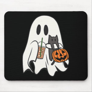 Cute Ghost Cat Iced Coffee Spooky Season Halloween Mouse Pad