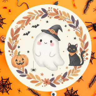 Cute Ghost Cat Pumpkin Autumn Wreath Halloween Classic Round Sticker