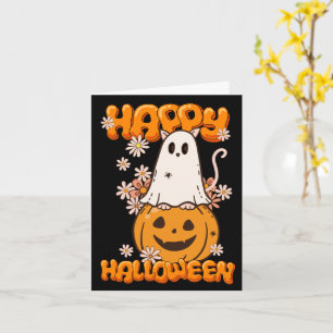 Cute Ghost Cat Pumpkin Flowers Happy Halloween Card