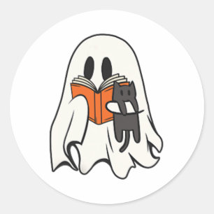 Cute Ghost Cat Reading Book Spooky Season Hallowee Classic Round Sticker