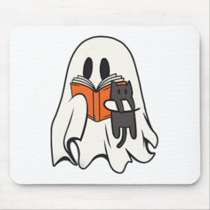 Cute Ghost Cat Reading Book Spooky Season Hallowee Mouse Pad