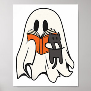Cute Ghost Cat Reading Book Spooky Season Hallowee Poster