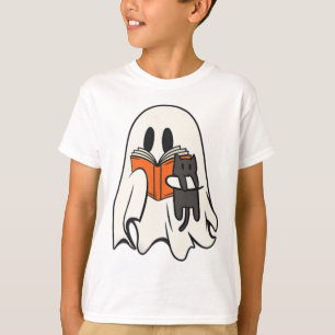 Cute Ghost Cat Reading Book Spooky Season Hallowee T-Shirt
