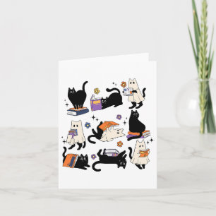 Cute Ghost Cat Reading Books Lover Bookish Hallowe Card