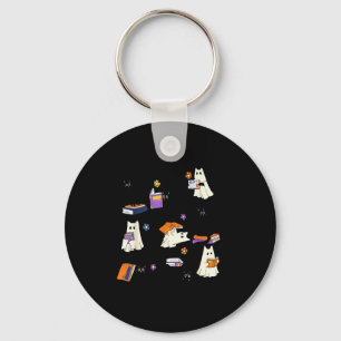 Cute Ghost Cat Reading Books Lover Bookish Hallowe Key Ring