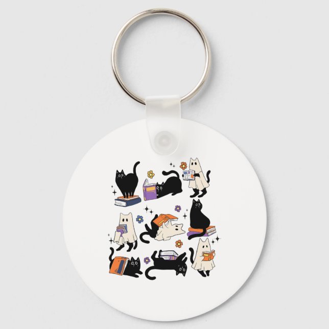 Cute Ghost Cat Reading Books Lover Bookish Hallowe Key Ring (Front)