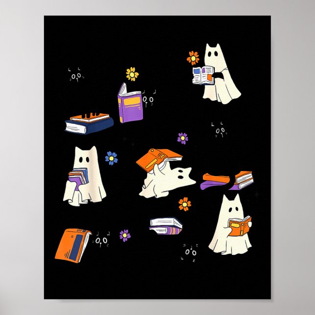 Cute Ghost Cat Reading Books Lover Bookish Hallowe Poster (Front)