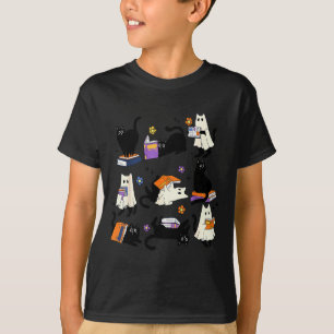 Cute Ghost Cat Reading Books Lover Bookish Hallowe T-Shirt