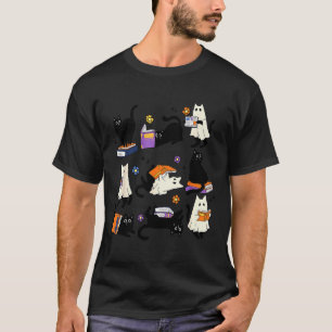 Cute Ghost Cat Reading Books Lover Bookish Hallowe T-Shirt