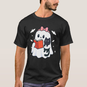 Cute Ghost Cat Reading Books Lover Spooky Bookish  T-Shirt