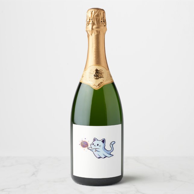 Cute Ghost Cat  Spooky Halloween Kitten  Magical W Sparkling Wine Label (Front)