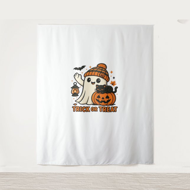 Cute Ghost Cat  Spooky Halloween Kitten  Magical W Tapestry (Front)