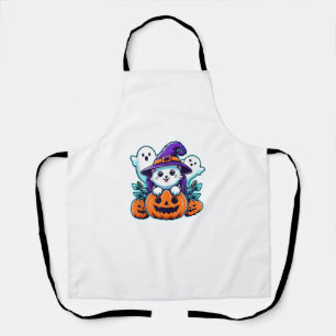 Cute Ghost Cat Witch Hat Pumpkin Halloween Cat Lov Apron