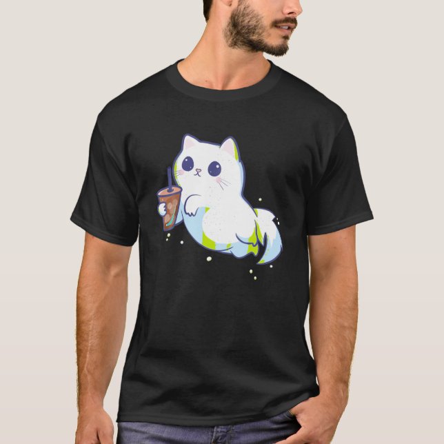Cute Ghost Cat With Iced Coffee Funny T Shirt (Front)