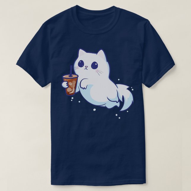 Cute Ghost Cat With Iced Coffee T-Shirt (Design Front)