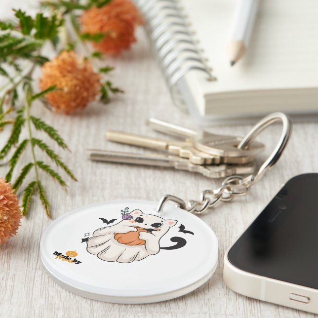 Cute Ghost Cat with Pumpkin | Spooky Halloween Mug Key Ring (Front Right)
