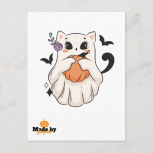 Cute Ghost Cat with Pumpkin Spooky Halloween Mug Postcard