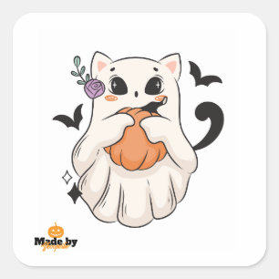 Cute Ghost Cat with Pumpkin Spooky Halloween Mug Square Sticker