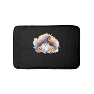 Cute Ghost Cat with Pumpkins – Kawaii Halloween Ar Bath Mat