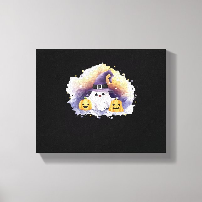 Cute Ghost Cat with Pumpkins – Kawaii Halloween Ar Canvas Print (Front)