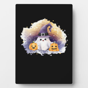 Cute Ghost Cat with Pumpkins � Kawaii Halloween Ar Plaque