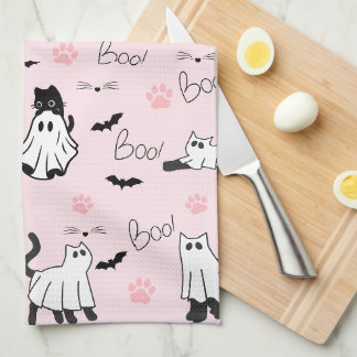 Cute Ghost Cats Halloween Tea Towel